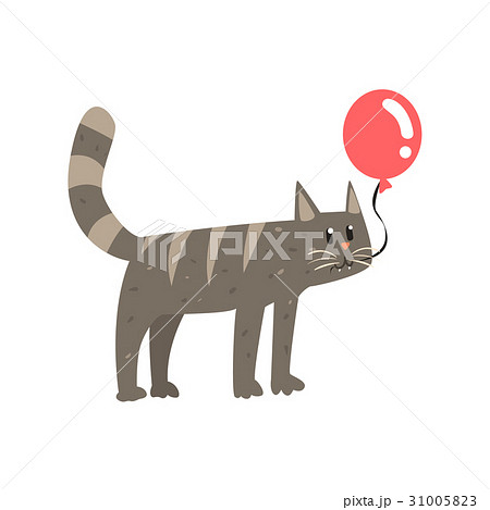 Cute cartoon gray cat holding red balloon Happy Cute cartoon gray cat holding red balloon Happy 31005823