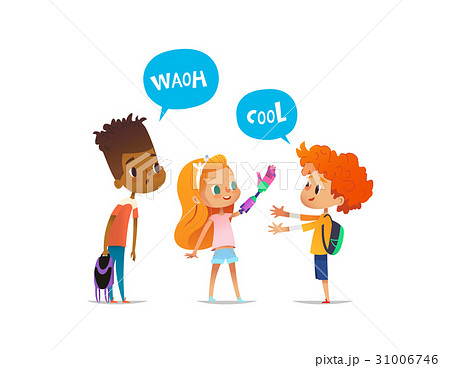 Smiling red-haired girl demonstrates to surprised 31006746