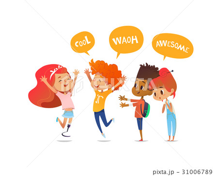 School children joyfully greet their friend with 31006789