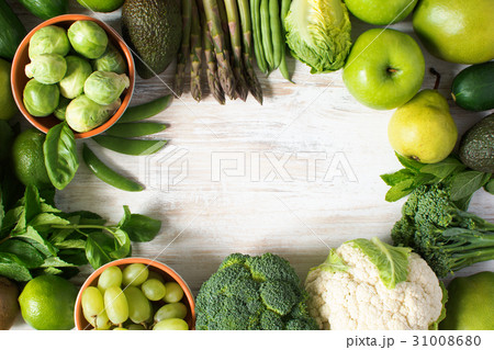 Top view of green fruits and vegetables 31008680