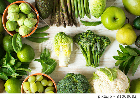 Top view of green fruits and vegetables 31008682