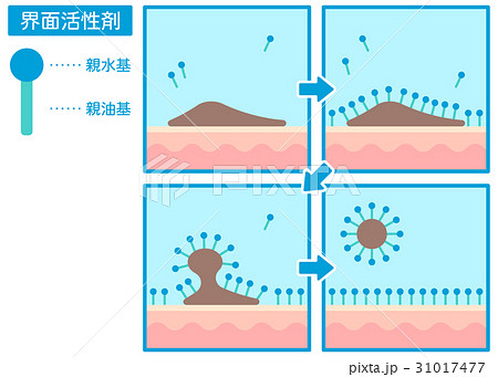 界面活性剤で汚れを落とす仕組みセット 肌 のイラスト素材