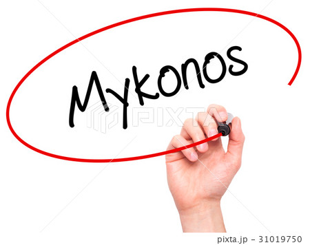 Man Hand writing Mykonos with black marker Man Hand writing Mykonos with black marker 31019750