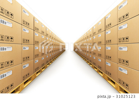 Row of stacked cardbaord boxes on shipping pallets 31025123