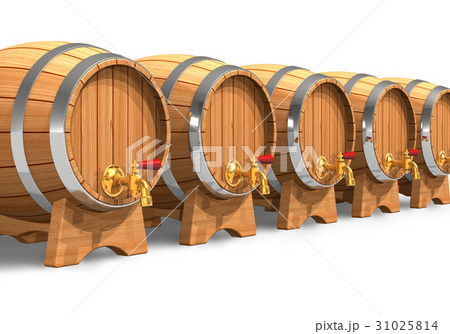 Row of wooden wine barrels with valves 31025814