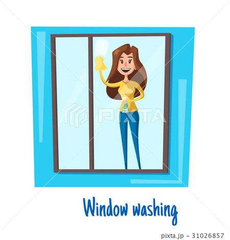 Window washing woman house cleaning vector concept 31026857