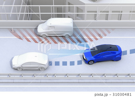 高速道路の路肩に故障車を避ける青いクルマ。障害物回避支援のコンセプトイメージ 31030481