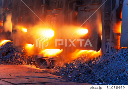 Close view of working open hearth furnace 31036469