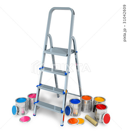 Stepladder with cans of color paint 31042609