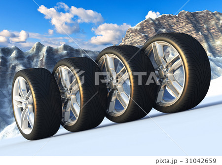 Set of car wheels in snowy mountains Set of car wheels in snowy mountains 31042659