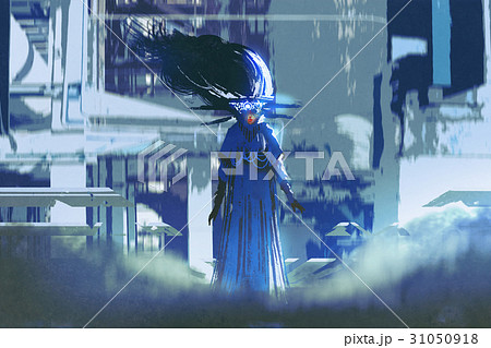 woman in a blue dress standing in futuristic city woman in a blue dress standing in futuristic city 31050918