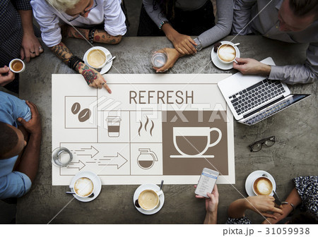 People drinking coffee with Illustration of coffee shop advertisement 31059938