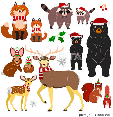 森の動物の親子の素材セット クリスマスのイラスト素材