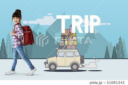 Little girl with illustration of discovery journey road trip traveling Little girl with illustration of discovery journey road trip traveling 31061342