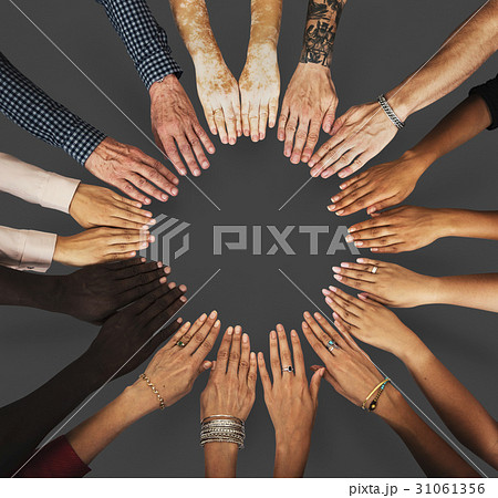 Group of hands assemble together in aerial view Group of hands assemble together in aerial view 31061356