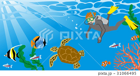 スキューバーダイビングを楽しむ男性 海亀のイラスト素材 31066495