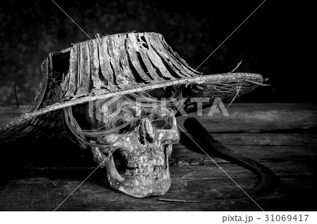 Still life black and white human skulls on wood Still life black and white human skulls on wood 31069417