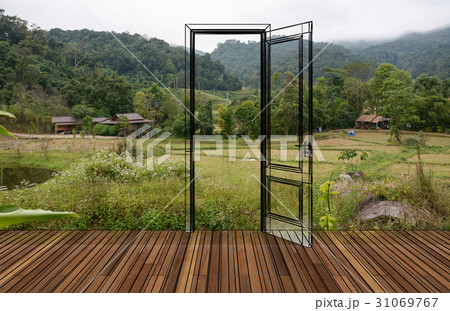 Landscape behind the opening door,3D 31069767