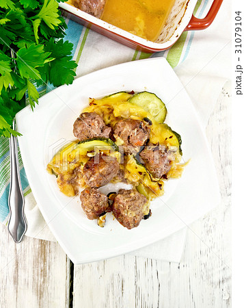 Meatballs with zucchini and nuts in plate on top Meatballs with zucchini and nuts in plate on top 31079104