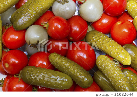 Background of pickled cucumbers, tomatoes, garlic, Background of pickled cucumbers, tomatoes, garlic, 31082044