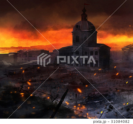 Illustrated post battle scene with tanks & church. 31084082