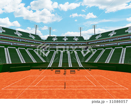 Modern tennis clay court stadium with green seats 31086057