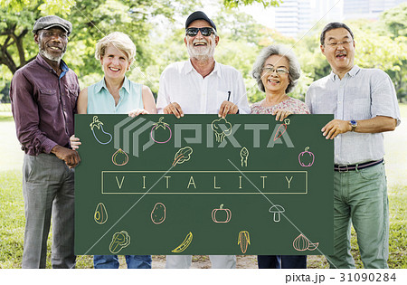 Group senior friends holding blackboard with vegetables icon 31090284