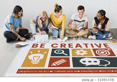 Diverse sitting on the floor discussing creative icons banner 31091556
