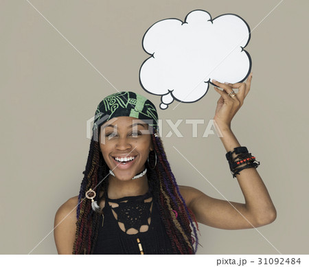 African Descent Woman holding Speech Bubble 31092484