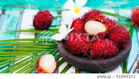 Fresh rambutans in a bowl on wooden background. Fresh rambutans in a bowl on wooden background. 31094321