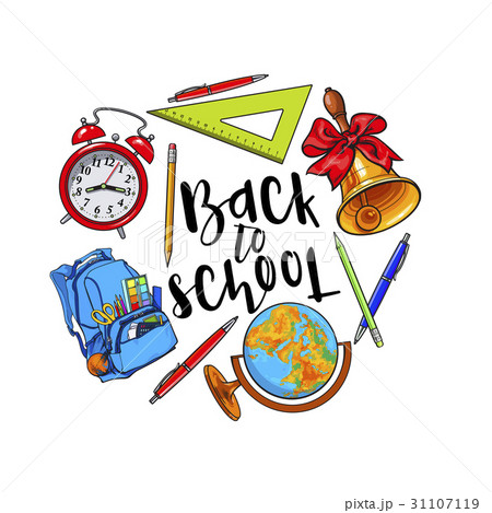 Round frame of school items, backpack with place Round frame of school items, backpack with place 31107119