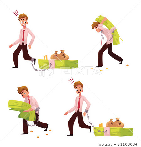 Man chained to, carrying, holding bundle of 31108084