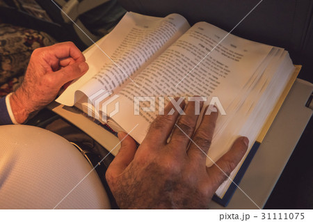 Male hands and opened book. 31111075