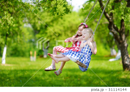 Two cute sisters having fun on a swing together 31114144