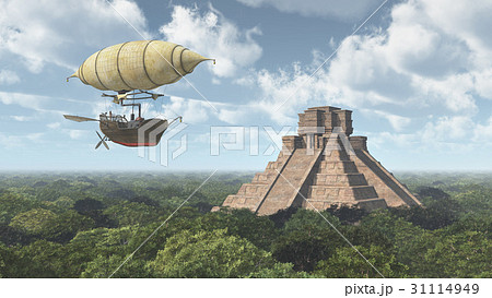 Fantasy airship and Mayan temple 31114949