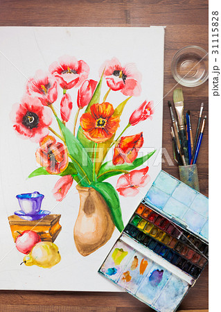 Watercolor set flat lay. Painter workplace Watercolor set flat lay. Painter workplace 31115828
