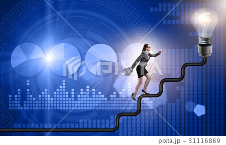 Businesswoman climbing career ladder towards light Businesswoman climbing career ladder towards light 31116869