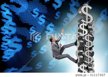 Businessman climbing dollar challenge tower Businessman climbing dollar challenge tower 31117307