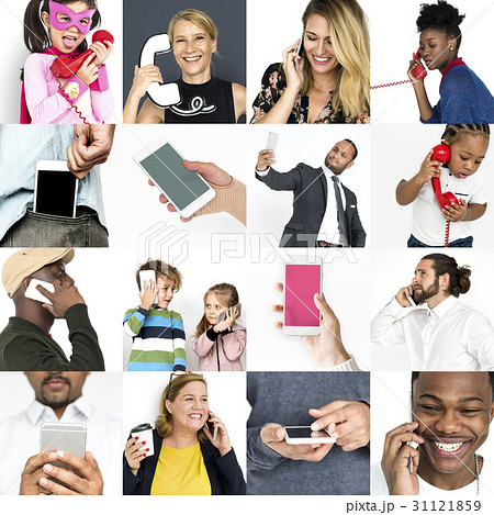 Set of Diverse People Using Telephone Studio Collage 31121859