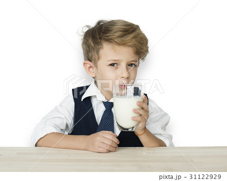 A Caucasian Boy Drinking Milk Background Studio Portrait 31122929