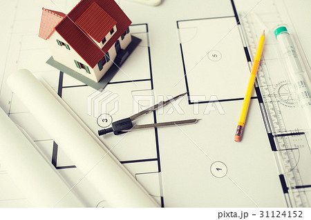 close up of architectural blueprint and tools close up of architectural blueprint and tools 31124152