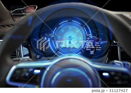 close up of car dashboard and steering wheel 31127427