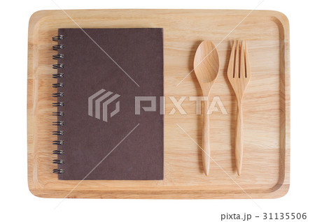 wooden plate and empty notebook with spoon fork wooden plate and empty notebook with spoon fork 31135506