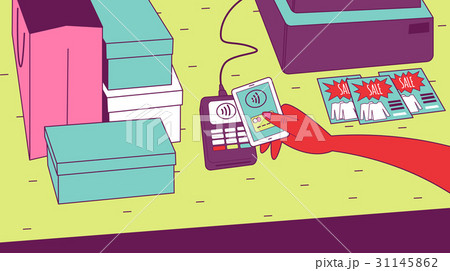 Female hand holds mobile phone and pays purchases. 31145862