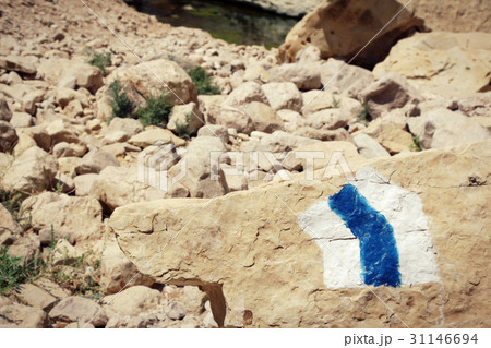 Hiking trail marker painted on a stone in desert Hiking trail marker painted on a stone in desert 31146694
