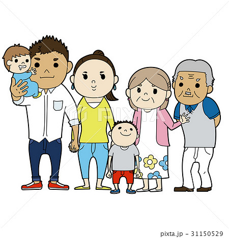 大家族のイラスト。二人の子供がいる若い夫婦とおじいちゃんとおばあちゃん。 31150529