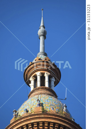 Spain, Seville, Plaza De Espana, High section of ornate tower 31153223