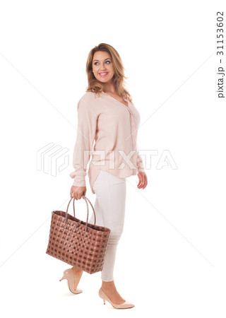 Pretty woman with brown tote bag.Isolated. Pretty woman with brown tote bag.Isolated. 31153602