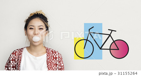 Woman Happiness Chewing with Bike Icon 31155264