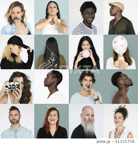 Set of Diversity People Face Expression Lifestyle Studio Collage 31155750